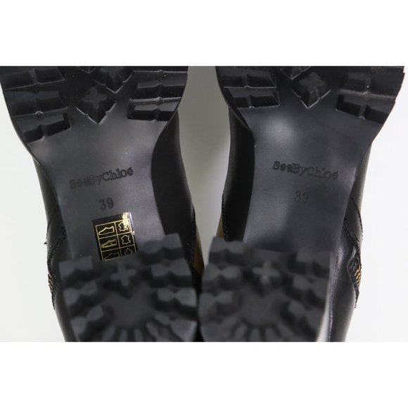 NWT See By Chloe Bryn Bootie Chunky Heel Ankle Boot Natural Calf Nero & Savana - Picture 8 of 10